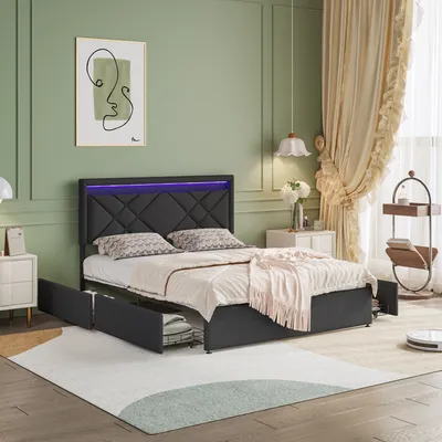 Image de CDGlobal Lit rembourré 160x200cm, Lit double avec USB/Type-C et 4 tiroirs, Lit de rangement pour adolescents avec sommier à lattes et Led, Lit fonctionnel en bois massif, Lin, Gris