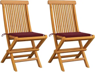 Produktbild von Gartenstühle mit Weinroten Kissen 2 Stk. Massivholz Teak