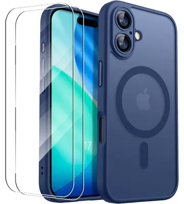 Image de Coque + 2 Verres Trempés pour iPhone 17, Protection avec Cercle Magnétique et Vitre Caméra - Bleu Marine