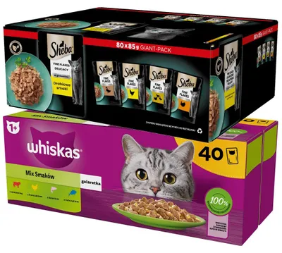 Zdjęcie produktu dla Mokra Karma Dla Kota Whiskas Mix Smaków 40x85g + Sheba Delicacy Drobiowe Smaki W Galaretce 80x85g