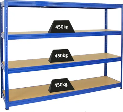 Produktbild von Schwerlastregal DINO | HxBxT 180x240x60cm | 4 MDF-Platten-Ebenen 6,5 mm | Fachlast 450kg | Blau