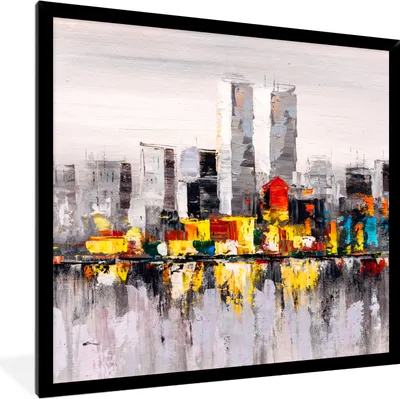 Produktbild von MuchoWow® Gerahmtes Poster Gemälde - Skyline - Farben - Ölfarbe 40x40 cm - Poster mit Schwarzem Bilderrahmen Wandposter Rahmen Foto Bilder - Mit Rahmen - Wanddekoration Schlafzimmer