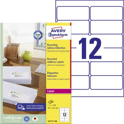 Produktbild von Avery Zweckform LR7177-100, Recycling Adress-Etiketten, A4, 99,1 x 42,3 mm, 1.200 Etiketten / 100 Bögen, naturweiß