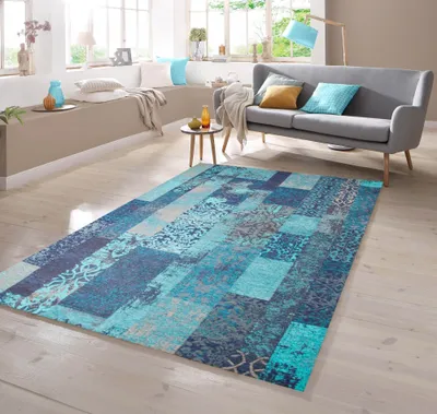 Obrázek produktu pro Moderní koberec s kostkovaným vzorem v tyrkysově modré barvě, rozměry – 80 x 250 cm
