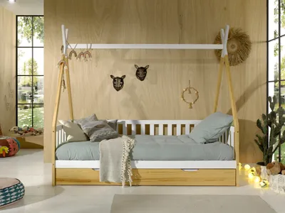 Produktbild von Vipack - Tipi Kojen Bett mit Umrandung, Dachgestänge, Rolllattenrost und Bettschublade (Natur), Liegefläche 90 x 200 cm, Ausf. Kiefer massive natur und weiß lackiert