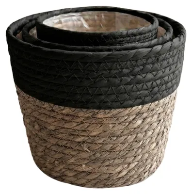 Produktbild von Pflanzen Übertopf Korb Geflochten, Boho Pflanztopf Seegras, Korbtopf Natur mit Folie, Schwarz