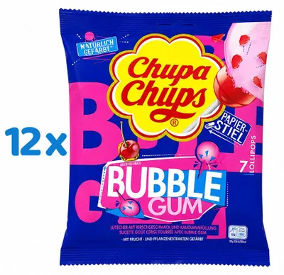 Produktbild von Chupa Chups Maxi Bubble Gum Lollipops Kirsche 12x 126g