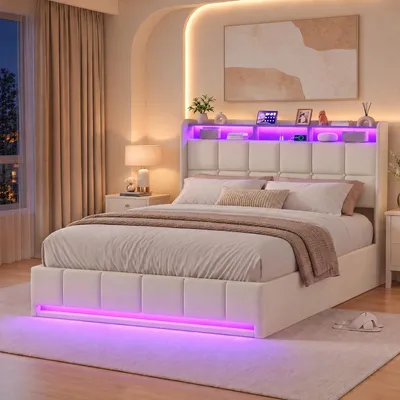 Image de INONEFT, lit à lattes avec sommier intégré, lit tapissé, 140 x 190 cm, lit coffre hydraulique avec espace de rangement, lit double avec ports USB et éclairage LED, lit pour adolescents, tissu lin, couleur beige