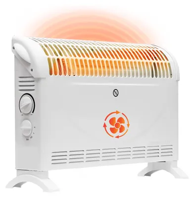 A white electric heater with orange heating elements and a fan symbol.