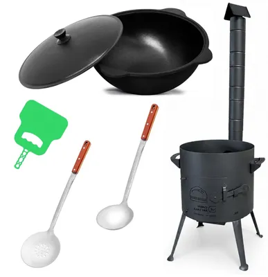 Produktbild von Ø36cm Uchag 2mm Stahl mit Abzugsrohr 12L Kasan Guseisen Feuerstelle Kazan WOK Utschak Utschag Feldküche Campingofen Außenküche Eintopfofen mit Schaumkelle Suppenkelle Grillfächer