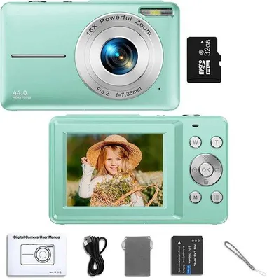 Image de Appareil photo numérique compact - Appareil photo vert clair - Pour enfants - Adapté aux débutants - Carte SD de 32 Go incluse
