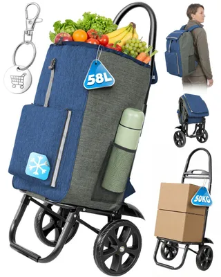 Produktbild von 4-in-1 Einkaufswagen klappbar – Trolley, Rucksack und Transportwagen mit Kühlfach, faltbar bis 50 kg, Blau-Grau