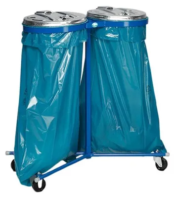 Produktbild von Robuster Doppel-Abfallsammler mit Metall-Deckel | Fahrbar | 2x 120 Liter, HxBxT 102x86x48cm | Stahl | Blau-Verzinkt