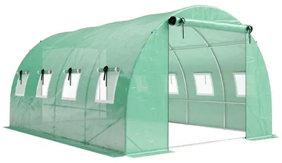 Produktbild von Gewächshaus 12m² Foliengewächshaus 4x3x2m aus verzinktem Stahl mit 2 Reißverschlusstüren & 8 Fenstern, Treibhaus UV-beständig inkl. Stützstangen, Grün