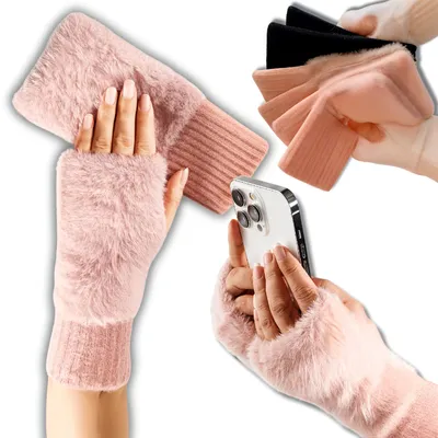 Produktbild von Pulswärmer, Fingerlose Handschuhe, Winter Frauen Gestrickte Fäustlinge Rosa