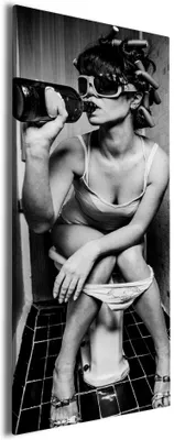 Produktbild von Wallario Premium Leinwandbild Kloparty - Sexy Frau auf Toilette mit Weinflasche in Größe 30 x 75 cm