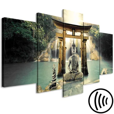 Image de Tableau acoustique Bouddha 200 x 100 cm Tableaux Mousse acoustique Absorbeur acoustique haute performance Isolation acoustique Toile 5 pièces Tableau mural Acoustique intérieure Isolation acoustique Orient Zen Cascade p-A-0033-b-n