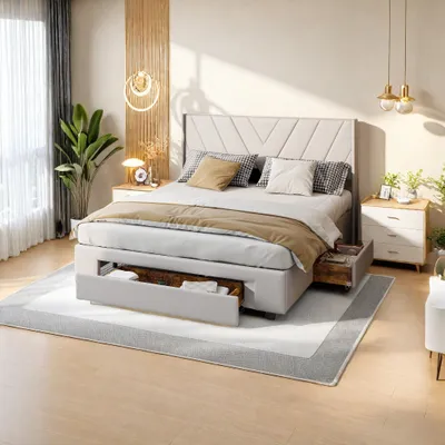 Immagine prodotto di UnboxG Letto matrimoniale 140x200 cm, Letto imbottito con 3 cassetti, Letto con contenitore, Testata regolabile, Letto contenitore Letto con spalliera e rete a doghe, Lino, Beige