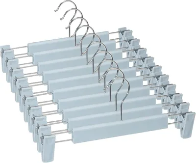 Imagen del producto de Perchas para ropa con abrazaderas antideslizantes ajustables, paquete de 10 unidades, color azul claro, ideales para pantalones y faldas