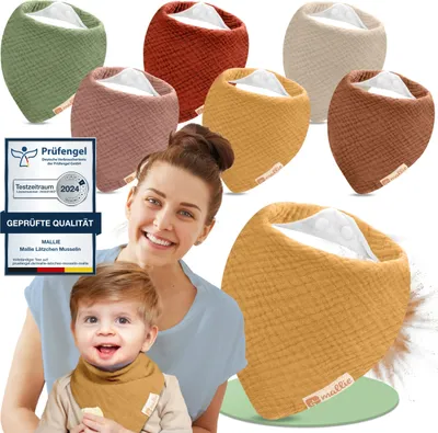 Produktbild von Mallie® Musselin Lätzchen Baby im 6er Set | Als Bibs, Dreieckstuch Baby, Baby Lätzchen | Musselin Halstuch Baby, Musselintücher Baby und Babylätzchen