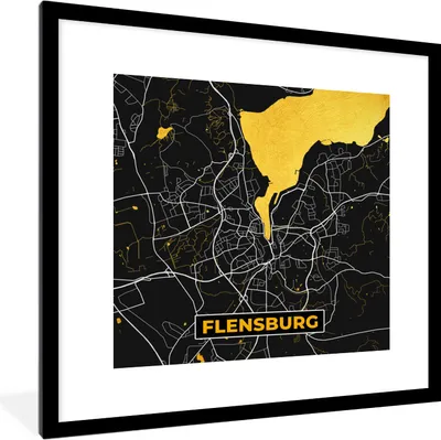 Produktbild von MuchoWow® Gerahmtes Poster Flensburg - Gold - Stadtplan - Karte - Deutschland 40x40 cm - Poster mit Schwarzem Bilderrahmen Wandposter Rahmen Foto Bilder - Poster - Plakat im Rahmen
