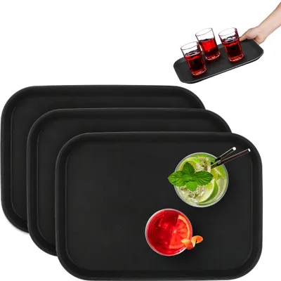Image de Plateau de service Relaxdays, lot de 3, surface antidérapante, plateau de serveur carré, restauration, L x P : 35 x 25 cm, noir