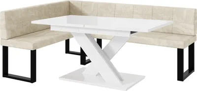 Produktbild von MEBLINI Eckbank für Esszimmer mit ausziehbarem Tisch  - Küchenbank - Essecke - Sitzecke Küche - PETER - U-Beine 142x196x87cm Links - Creme Samt/B Weiß Hochgl.