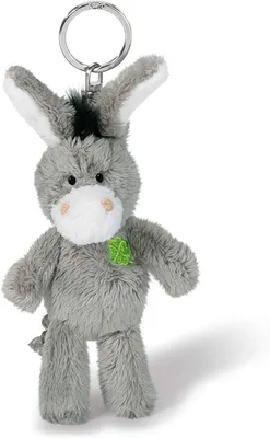 A plush toy donkey keychain with a clover leaf decoration.