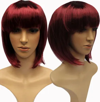 Produktbild von Perücke 30cm Kurzhaar Glatt Pony Bubikopf Karneval Kostüm Fasching Babe Party Cosplay Kirschrot