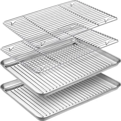 Produktbild von Unyqoos® Edelstahl-Backblech-Set 4er (31,5×24,5×2,5 cm) mit Abkühlgitter – rechteckiges Ofenblech & Auflaufform, lebensmittelecht, spülmaschinenfest