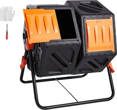 Zdjęcie produktu dla Pojemnik na kompost, kompostownik bębnowy 140 l, kompostownik bębnowy obrotowy, dwukomorowy, kompostownik bębnowy 785 x 605 x 795 mm, pojemnik na kompost ogrodowy o ładowności 40 kg z rękawicami