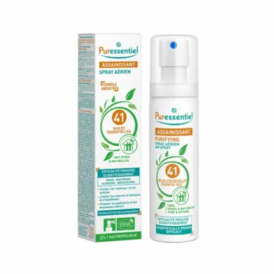 A product shot of a Puressentiel air purifying spray and its packaging.