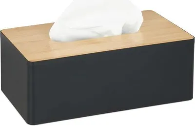 Image de Boîte à mouchoirs noire avec couvercle en bambou