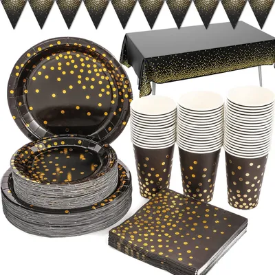 Produktbild von Party Deko Partygeschirr Schwarz und Gold 99 Stück Einweggeschirr Partyteller Pappteller Servietten Tassen Tischdecke Banner für Geburtstag