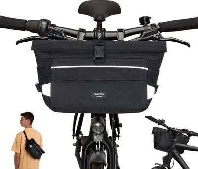 Immagine prodotto di Borsa da bikepacking nera - 2 in 1: borsa da bici e borsa a tracolla - Zaino da bikepacking da montare sulla parte anteriore con elementi riflettenti - Idrorepellente