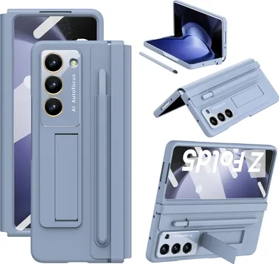 Image de Étui en cuir pour Samsung Galaxy Z Fold 5 avec charnière en cuir, protection d'écran, support et porte-stylet bleu