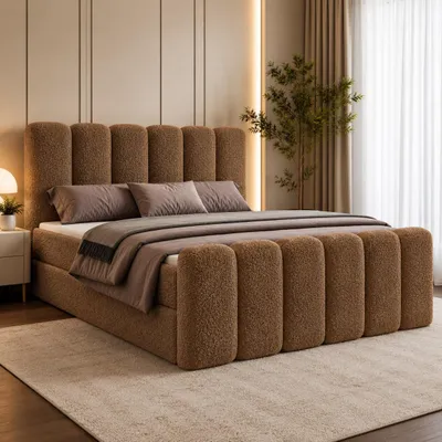 Produktbild von Boxspringbett 200x200 mit Bettkasten NOLA, Komplett-Set mit Bonell-Matratze H3 und Topper, Bouclé Braun