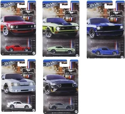 A collage of five Hot Wheels car packaging, each featuring a different Ford Mustang model.