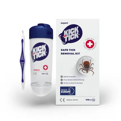 Produktbild von KICK THE TICK Vereisungsspray mit Zeckenzange – Zeckenentferner Set für Menschen & Tiere – schmerzfreie Zeckenentfernung – über 40 Anwendungen