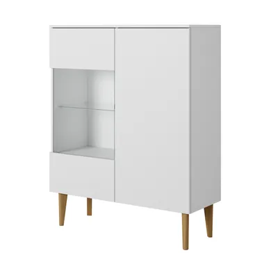 Immagine prodotto di Mobiletto BERGEN, cassettiera con frontale in vetro, mobile con ante in vetro, 100x123x37, gambe in legno bianco, stile scandinavo