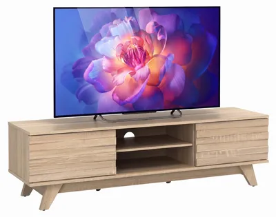 Image de Meuble TV COSTWAY, 145 cm, meuble de télévision pour téléviseurs jusqu'à 55 pouces, table TV avec 2 portes coulissantes, 2 compartiments et une étagère réglable, en chêne