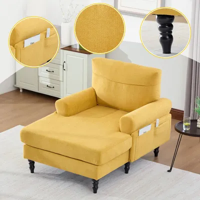 Produktbild von Minimalistischer Chenille Einzelsofa mit Holzbeinen Seitentaschen Senfgelb für Wohn- und Schlafzimmer