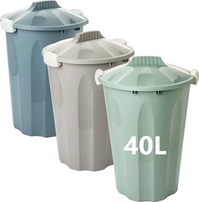 Produktbild von 3er Set Mülltonne mit Deckel 40L Abfalleimer 3 Pastellfarben mit Tragegriff
