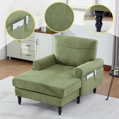 Produktbild von Moderner Chenille-Liegestuhl – Einzelsofa mit Holzbeinen, bequemer Rückenlehne & Armlehnen, Seitentaschen, für Wohnzimmer & Schlafzimmer, Olivgrün