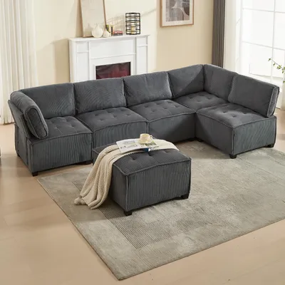 Productafbeelding van Modulaire sofa voor 6 personen, bekleed met cordura-stof, ergonomisch ontwerp, opbergvakken, flexibel combineerbaar als hoekbank of slaapbank, stabiele houten en metalen constructie, eenvoudig op te bouwen, grijs