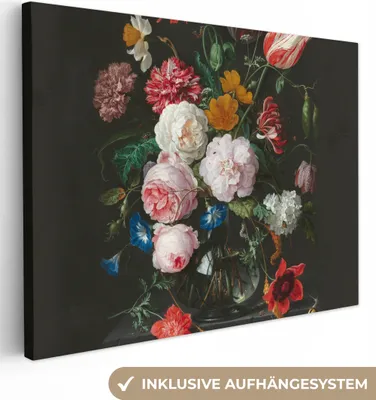 Produktbild von MuchoWow® - Leinwandbilder - Stilleben mit Blumen in einer Glasvase - Gemälde von Jan Davidsz. de Heem, Wandbild, Wanddeko Bilder Wohnzimmer, 80x60 cm