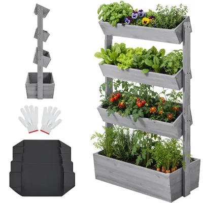 Produktbild von Yaheetech Vertikaler Hochbeet, 4-stufig, 45° neigbar, Pflanzbeet aus Tannenholz, wetterfest, Frühbeet Gartenbeet, Grau