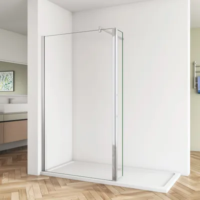 Produktbild von 100x200cm Walk in Duschwand+40x200cm Flipper Panel + F Form:90cm Stabilisator 8mm NANO ESG Glas Duschwand