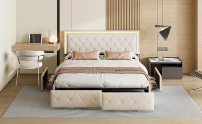 Produktbild von Doppelbett für Erwachsene mit LED-Beleuchtung, 4 Schubladen, 140 x 200 cm, beigefarbener PolyurethanBezug
