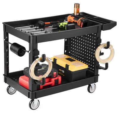 Obrázek produktu pro Servisní vozík SucceBuy, vozík do dílny, vozík na nářadí, PP, rozměry 1140x610x840 mm, černý. Vozík na kolečkách s nosností 250 kg, 2 úrovně, 4 kolečka, háčky na nástěnku, rukojeť s úložným prostorem, univerzální použití pro dílnu